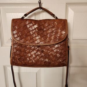 Genuine Leather Woven Crossbody Bag Brown Flap Top Handle